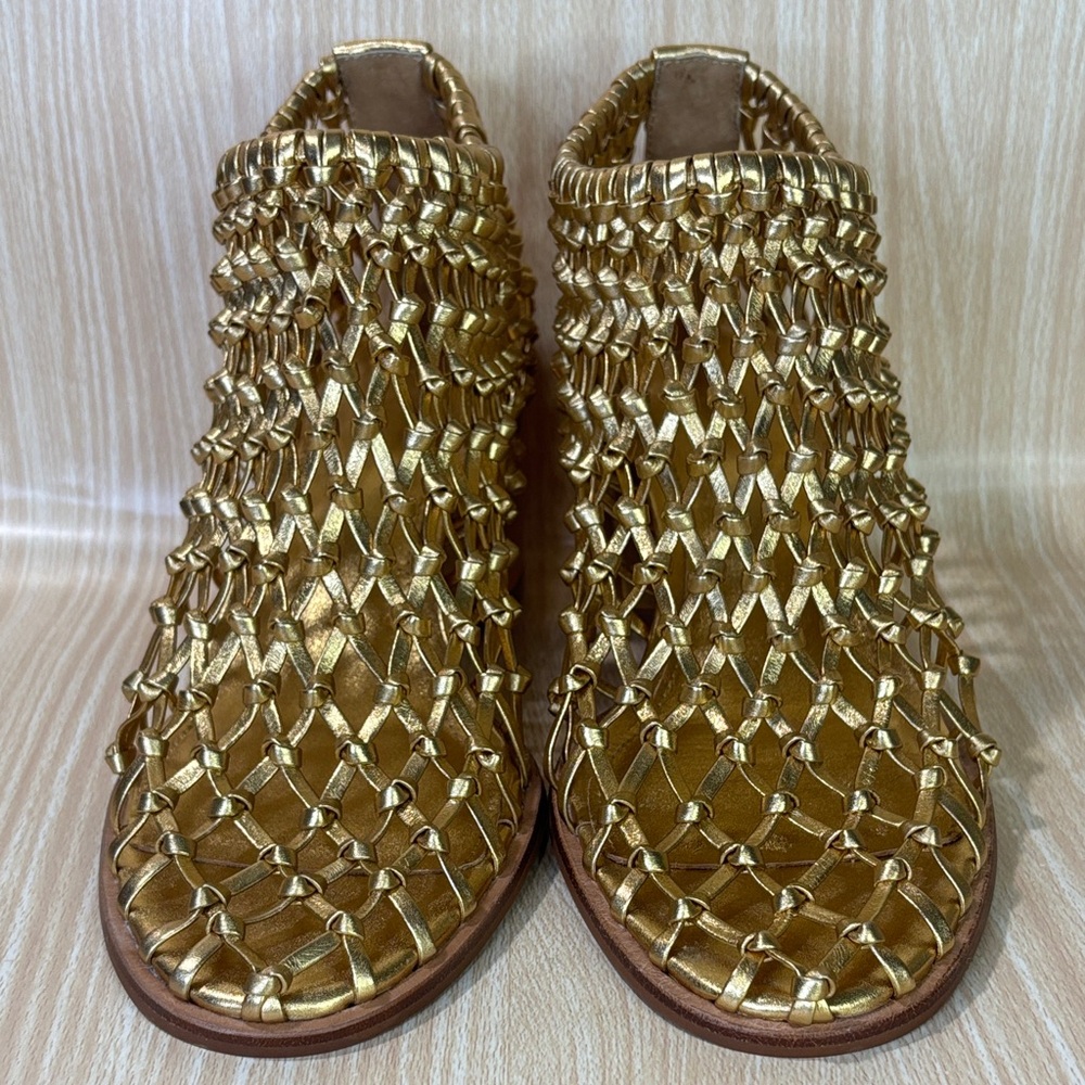 CECELIA Gold Woven Leather Block Heel Sandals 10 Statement Luxe - Picture 4 of 7